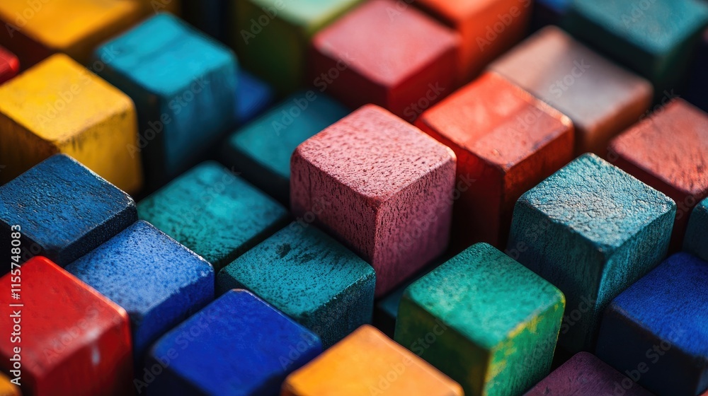 Colorful wooden cubes arranged in a vibrant pattern representing creativity and imagination in digital design and website development themes. Colorful wooden cubes arranged in a vibrant pattern representing creativity and imagination in digital design and website development themes.