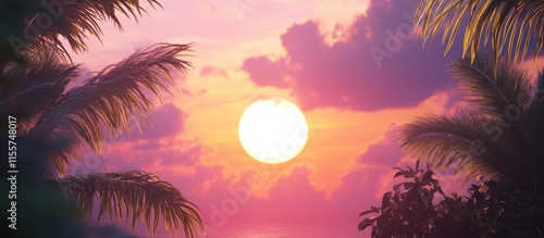 Tropical sunset scene with palm trees silhouetted against a vibrant sky and the setting sun over a serene landscape photo