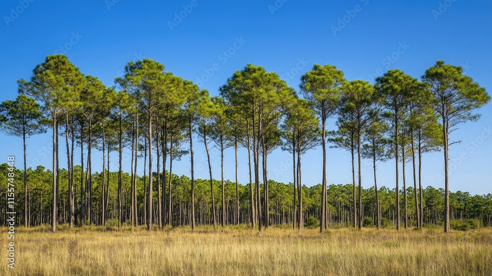 Lush tall pine trees standing in a sunlit field under a vibrant blue sky showcasing nature's beauty and tranquility Lush tall pine trees standing in a sunlit field under a vibrant blue sky showcasing nature's beauty and tranquility