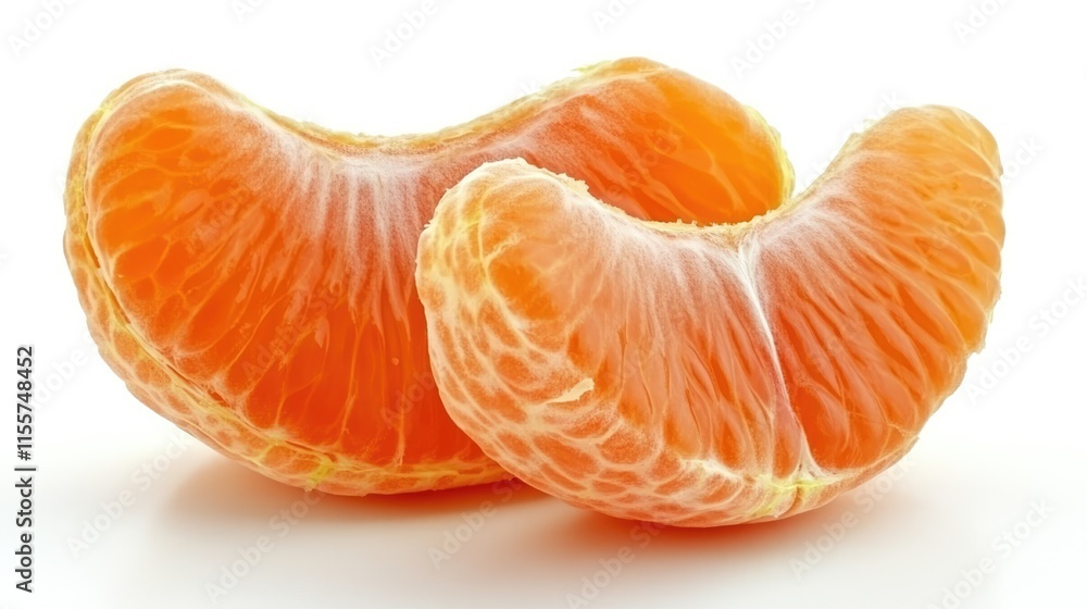 Fresh tangerine slices arranged on a bright white background showcasing vibrant color and juicy texture for food photography. Fresh tangerine slices arranged on a bright white background showcasing vibrant color and juicy texture for food photography.