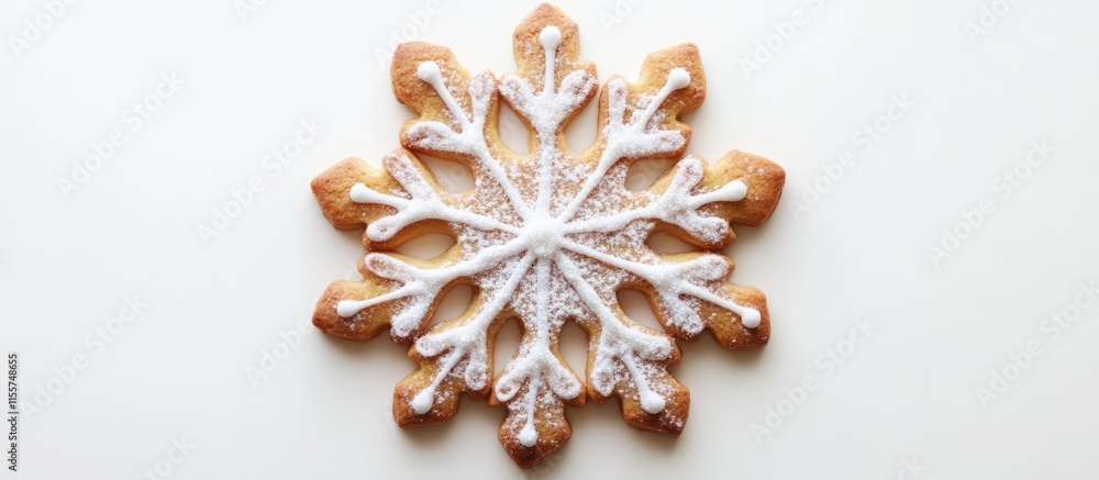 Delicious snowflake-shaped cookie with icing and powdered sugar on a white background perfect for festive celebrations and winter treats. Delicious snowflake-shaped cookie with icing and powdered sugar on a white background perfect for festive celebrations and winter treats.