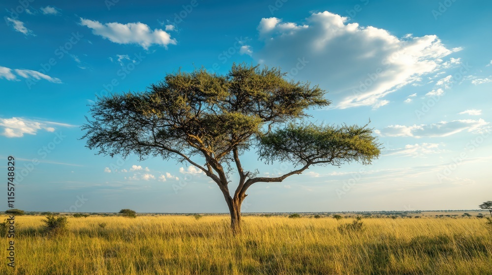 Lone acacia tree against a vibrant blue sky in a sunlit grassy landscape showcasing tranquility and natural beauty Lone acacia tree against a vibrant blue sky in a sunlit grassy landscape showcasing tranquility and natural beauty