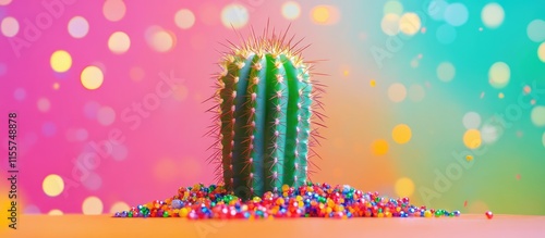 Vibrant cactus centerpiece with decorative garland and colorful backdrop ideal for modern home decor and interior design concepts. photo