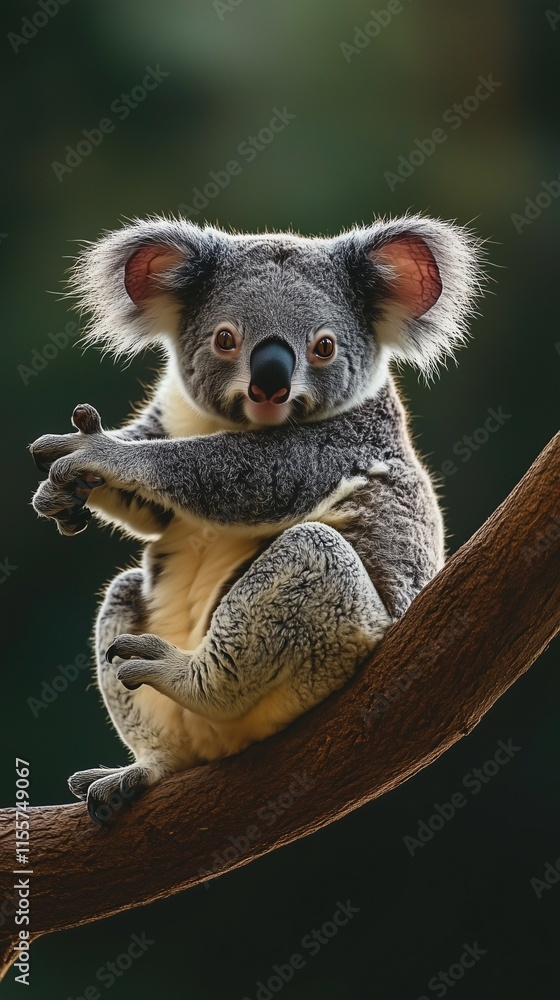 Fototapeta premium Cute koala sitting on a tree branch, arms crossed, with soft light and a dark green background