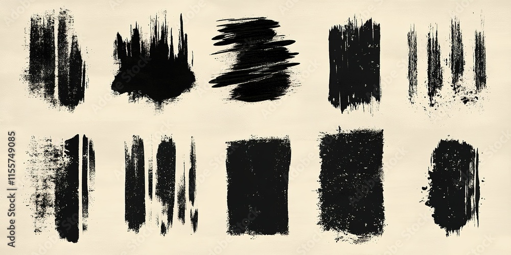 Black paint strokes and textures displayed on a light background for creative design and artistic use Black paint strokes and textures displayed on a light background for creative design and artistic use