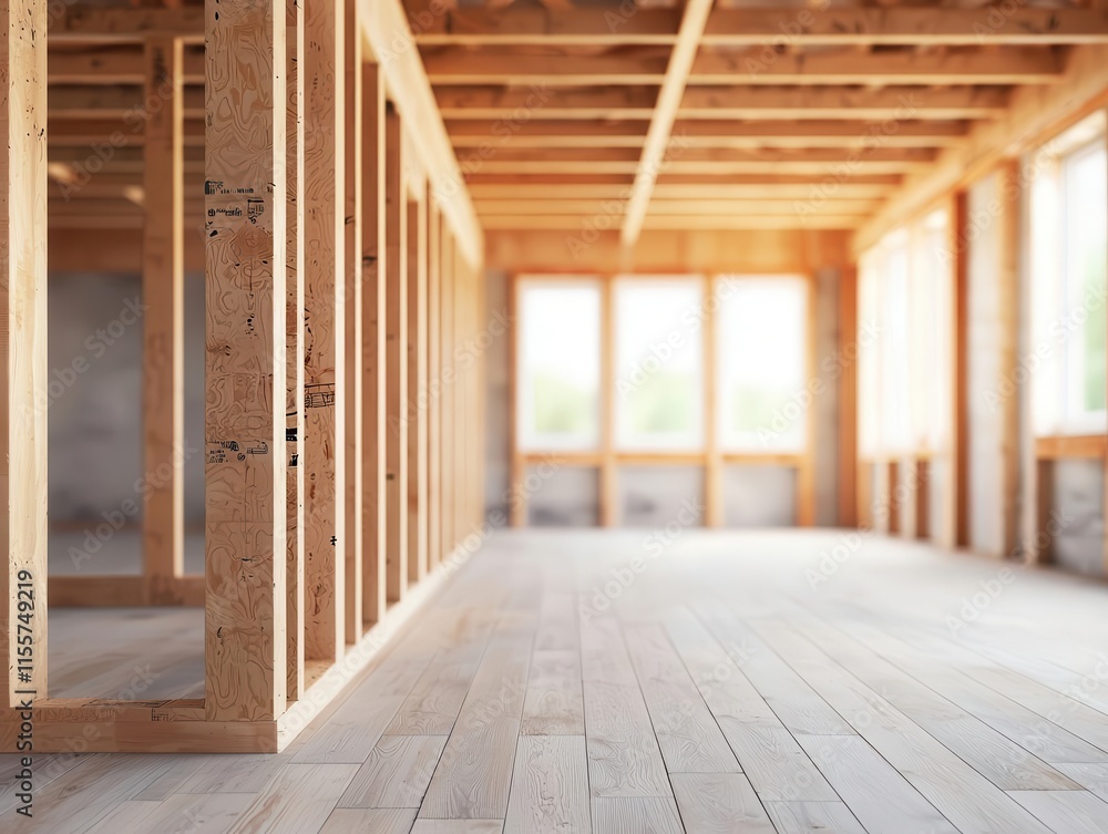 Architectural sketch of resident inside partially built house, clean lines of beams and supports Architectural sketch of resident inside partially built house, clean lines of beams and supports