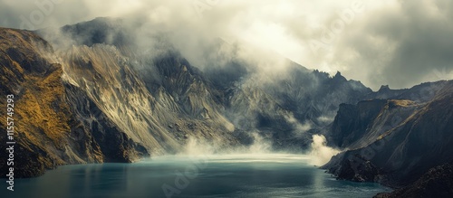 Majestic view of the second largest acid lake in the world surrounded by mountains with rising sulfur fumes and dramatic cloud cover photo