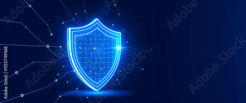 Digital Shield protects icon Safe concept , Line and Triangle with a Network of Points ,Shield protects icon of Lines and Triangles, Geometric Shield protects icon, Lines, Triangles, copy space