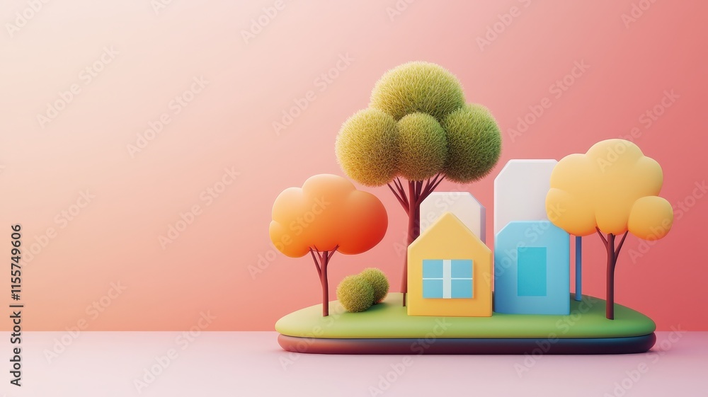 Fototapeta premium net zero and carbon concept. Colorful 3D houses and trees on a soft pink background, creating a whimsical landscape scene.