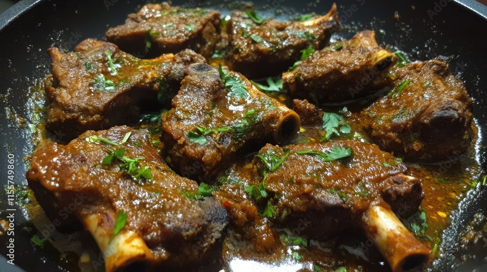 Sizzling Mutton Chops on Tawa Garnished with Fresh Herbs and Spices in a Pan Cooking Style Sizzling Mutton Chops on Tawa Garnished with Fresh Herbs and Spices in a Pan Cooking Style