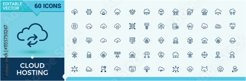 Cloud Hosting minimal icon set. Containing networking, net, on, protection, cloud and more. Thin outline icons pack. Vector outline and solid icons collection.