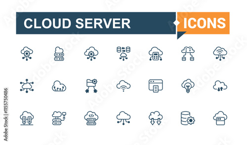 Cloud Server icon. It contains symbols to networking, database, connect, upload, safe, face, file, data. Simple line vector. Solid line editable vector illustration.