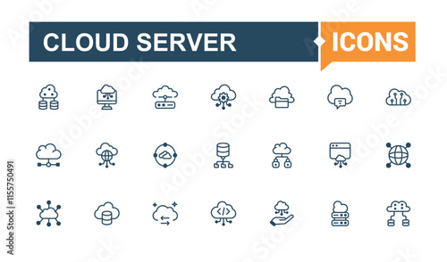 Cloud Server icon. It contains symbols to networking, database, connect, upload, safe, face, file, data. Simple line vector. Solid line editable vector illustration.