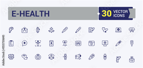 eHealth icons set in linear style. It contains symbols to mobile, computer, web, phone, electronic, wearable, smart, patient. Icons for UI. Outline and solid pictogram.