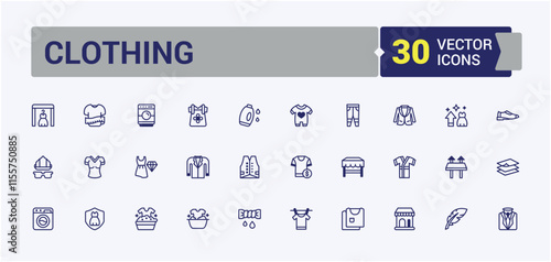 Clothing icon set. Includes thin line dress, skirt, fashion, pullover, tshirt, suit, shirt and more. Minimalistic icon. Solid line editable stroke.