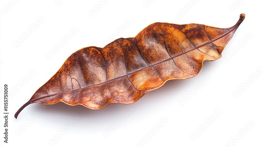 Dried tamarind leaf showing intricate texture and color variations on a white background for botanical and design purposes Dried tamarind leaf showing intricate texture and color variations on a white background for botanical and design purposes