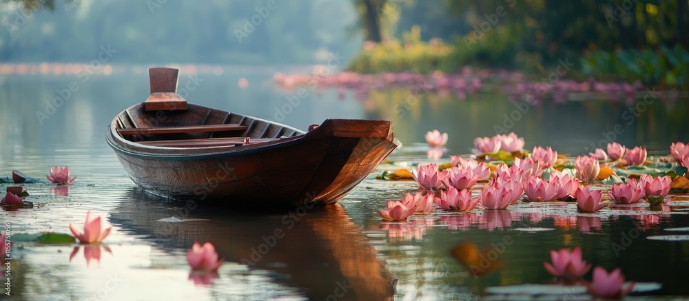 Fototapeta premium Serene wooden boat amidst vibrant lotus flowers on tranquil pond reflecting nature's beauty and harmony in Thailand