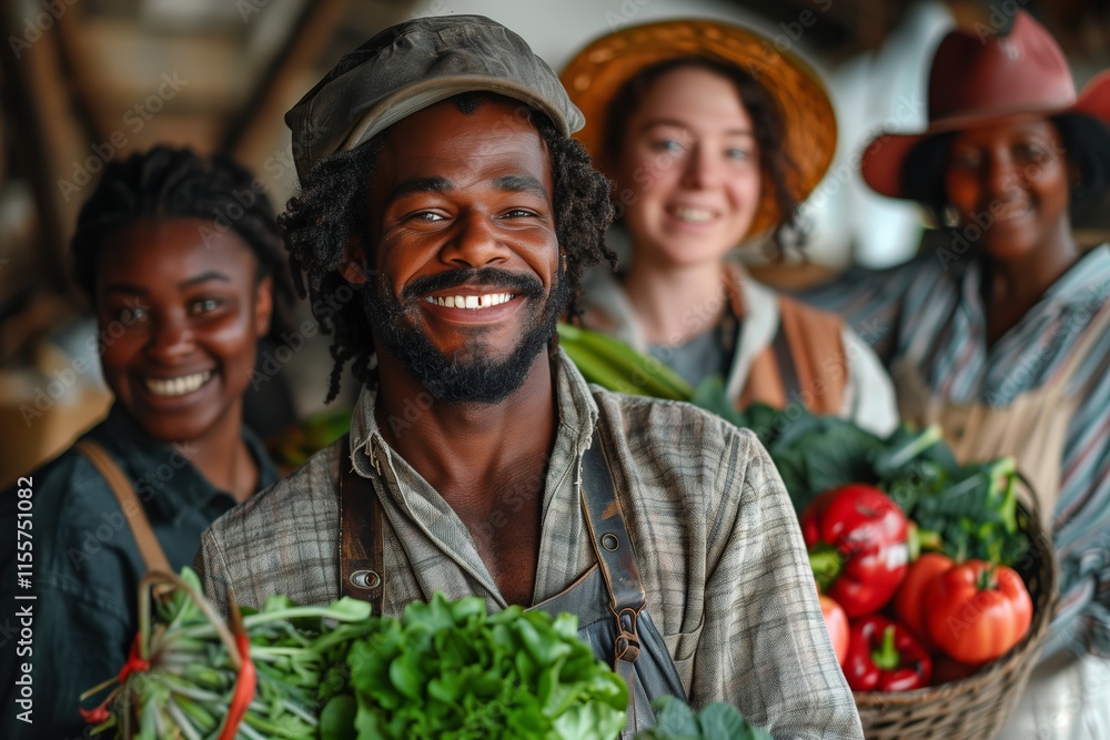 Smiling farmers with fresh produce in vibrant community setting, showcasing teamwork and healthy agriculture. Smiling farmers with fresh produce in vibrant community setting, showcasing teamwork and healthy agriculture.