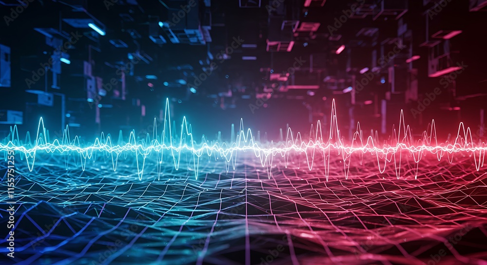 Obraz premium Pulsing Electric Wave in Futuristic Digital Landscape with Bright Neon Lines