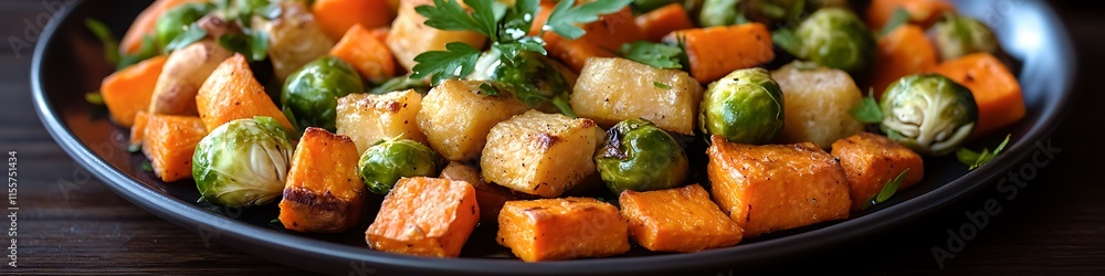 A beautifully arranged plate of roasted vegetables with carrots, sweet potatoes, and brussels sprouts. A beautifully arranged plate of roasted vegetables with carrots, sweet potatoes, and brussels sprouts.