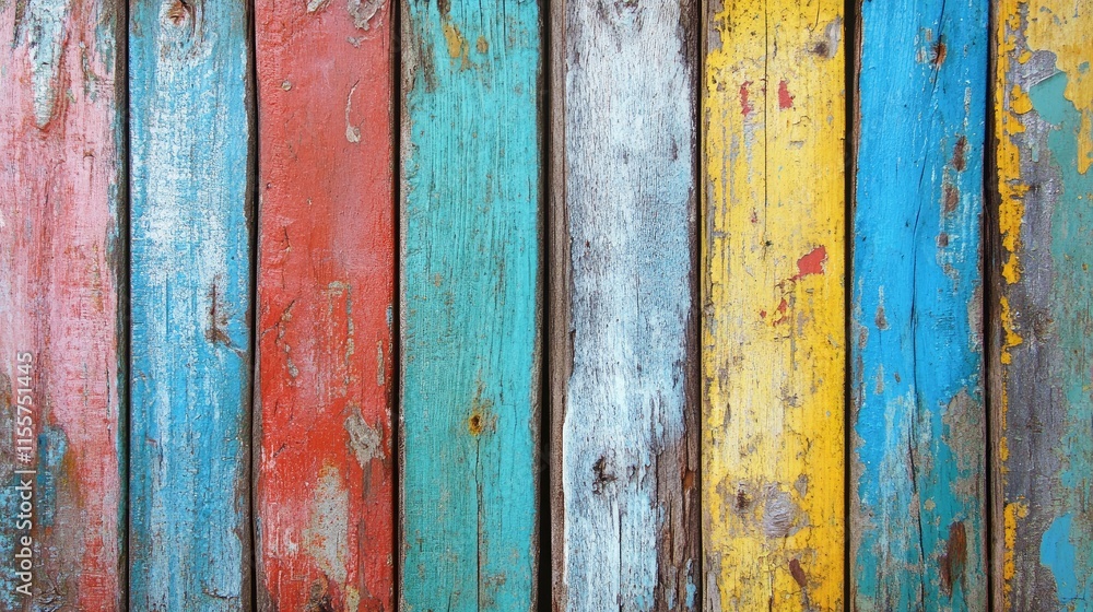 Colorful weathered wooden fence texture with peeling paint showcasing rustic charm and vibrant hues ideal for background or design use. Colorful weathered wooden fence texture with peeling paint showcasing rustic charm and vibrant hues ideal for background or design use.