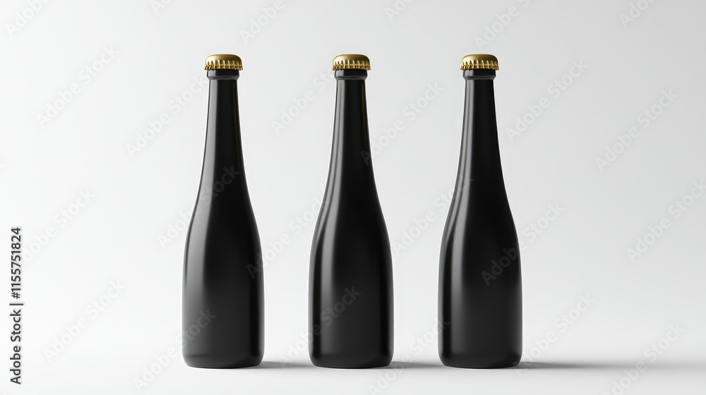 Three tall black beer bottles with golden caps isolated on a clean white background perfect for beverage packaging and advertising concepts Three tall black beer bottles with golden caps isolated on a clean white background perfect for beverage packaging and advertising concepts