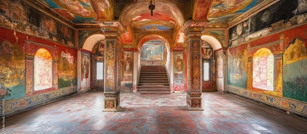 Obraz premium Intricate frescoes and architectural beauty of Hadimbu monastery interior highlighting cultural heritage and timeless artistry