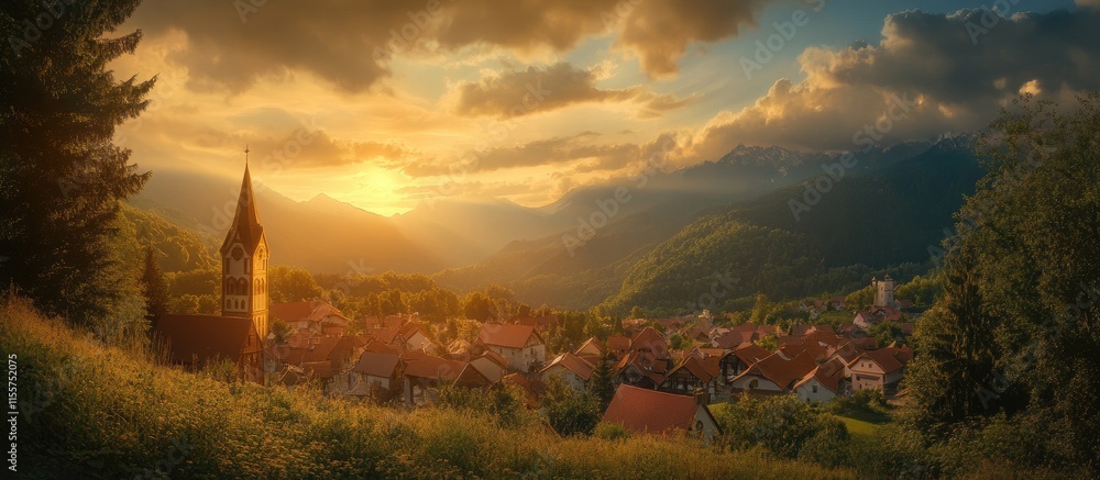 Fototapeta premium serene sunset illuminating a quaint mountain town with vibrant clouds and a historic church tower in the foreground