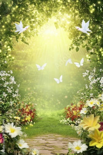 Innocence and serenity bloom in the garden of creation with Adam and Eve. Generative AI