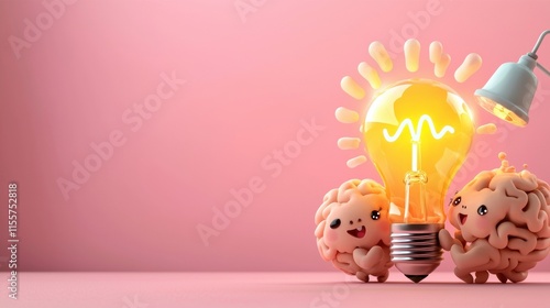 A playful scene featuring cute characters around a glowing light bulb, symbolizing creativity and inspiration against a soft pink background. photo