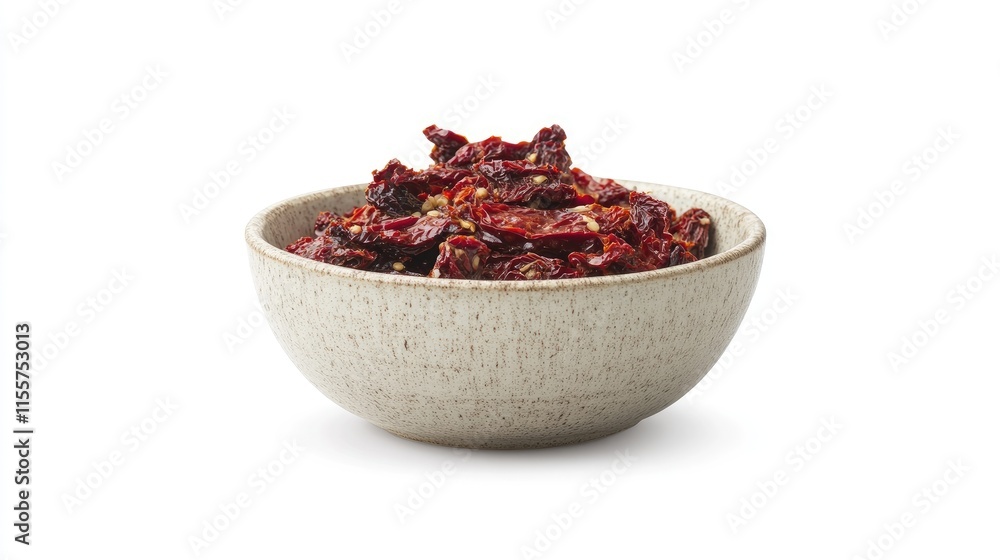 Sun dried tomatoes in a rustic bowl against a clean white background showcasing vibrant colors and textures for culinary presentations Sun dried tomatoes in a rustic bowl against a clean white background showcasing vibrant colors and textures for culinary presentations