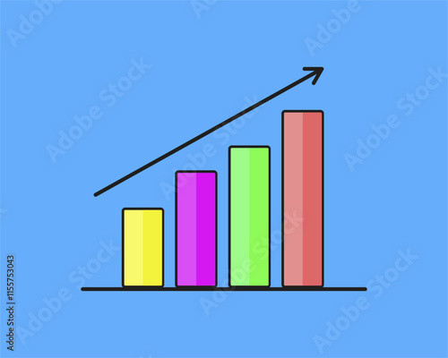 Colorful bar chart illustration with upward arrow on blue background, symbolizing business growth, finance and positive trend. Perfect for presentations, marketing, infographics and data visualization