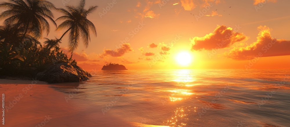 Tranquil sunset over ocean waves with palm trees silhouetted against a vibrant sky creating a serene beach atmosphere. Tranquil sunset over ocean waves with palm trees silhouetted against a vibrant sky creating a serene beach atmosphere.