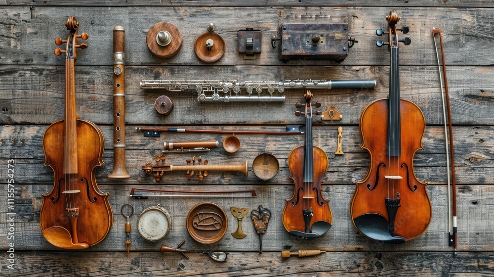 Naklejka premium Orchestral Instruments on Rustic Wooden Background