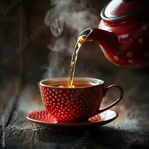 Photo of tea being poured from a red teapot into a cup with steam rising photo