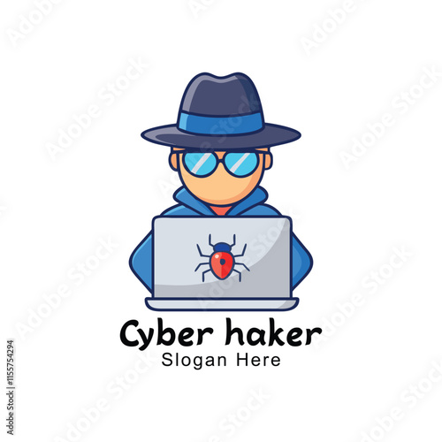 Cartoon Cyber Hacker Logo with Laptop and Bug