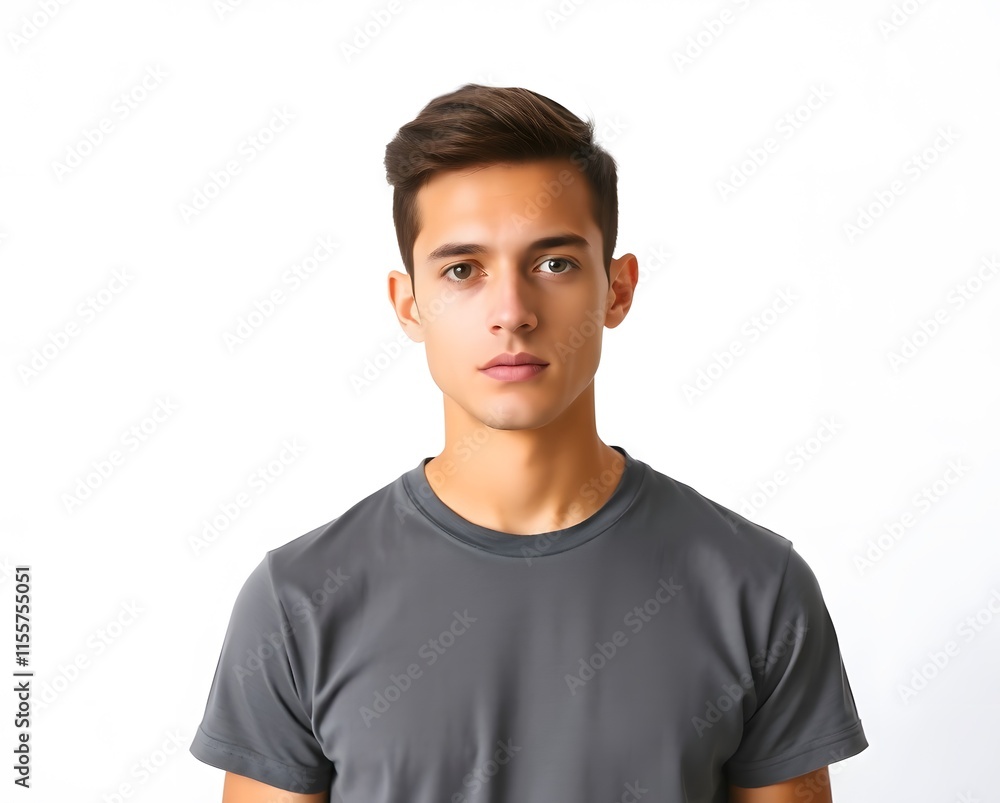 Minimalistic portrait of a young man in a basic t-shirt, standing with a composed and serious expression, white background Minimalistic portrait of a young man in a basic t-shirt, standing with a composed and serious expression, white background