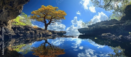 breathtaking landscape of a solitary tree reflecting in serene water under a vibrant blue sky with clouds in pristine natural surroundings photo