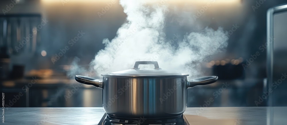 Steam rising from a pressure cooker in a contemporary kitchen showcasing modern cooking techniques and culinary efficiency Steam rising from a pressure cooker in a contemporary kitchen showcasing modern cooking techniques and culinary efficiency