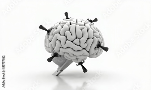 A futuristic 3D brain with tiny robotic arms and gears working around it, symbolizing artificial intelligence and productive thinking. The white background keeps the focus on the intricate details.