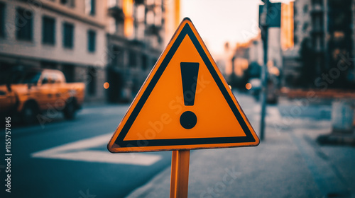 Yellow triangle traffic sign with black exclamation mark symbolizing police warning, clear and sharp with ample copy space for text or design.