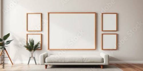 Modern Minimalist Living Room with Blank Frames and Neutral Sofa