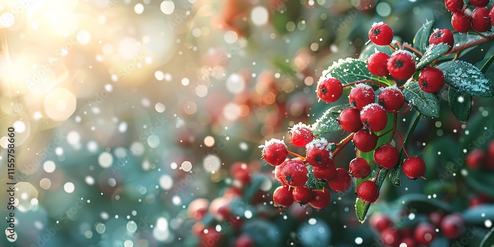 An up-close look of red winter berries sparkling in the snow against a green hazy background including a large writing area, Generative AI. An up-close look of red winter berries sparkling in the snow against a green hazy background including a large writing area, Generative AI.