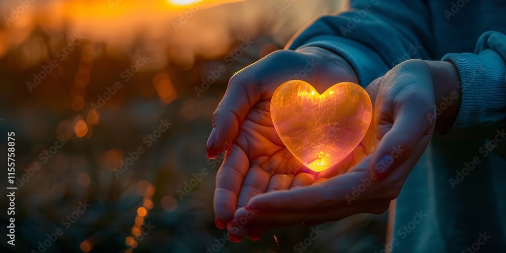 A close-up view of hands gripping a luminous yellow heart against a backdrop of nature and the sky with enough of copy space for text or backdrop use, Generative AI. A close-up view of hands gripping a luminous yellow heart against a backdrop of nature and the sky with enough of copy space for text or backdrop use, Generative AI.