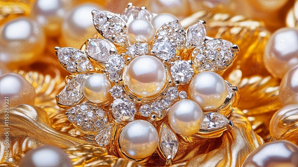 Cluster of Diamonds and Pearls on Gold Background Cluster of Diamonds and Pearls on Gold Background