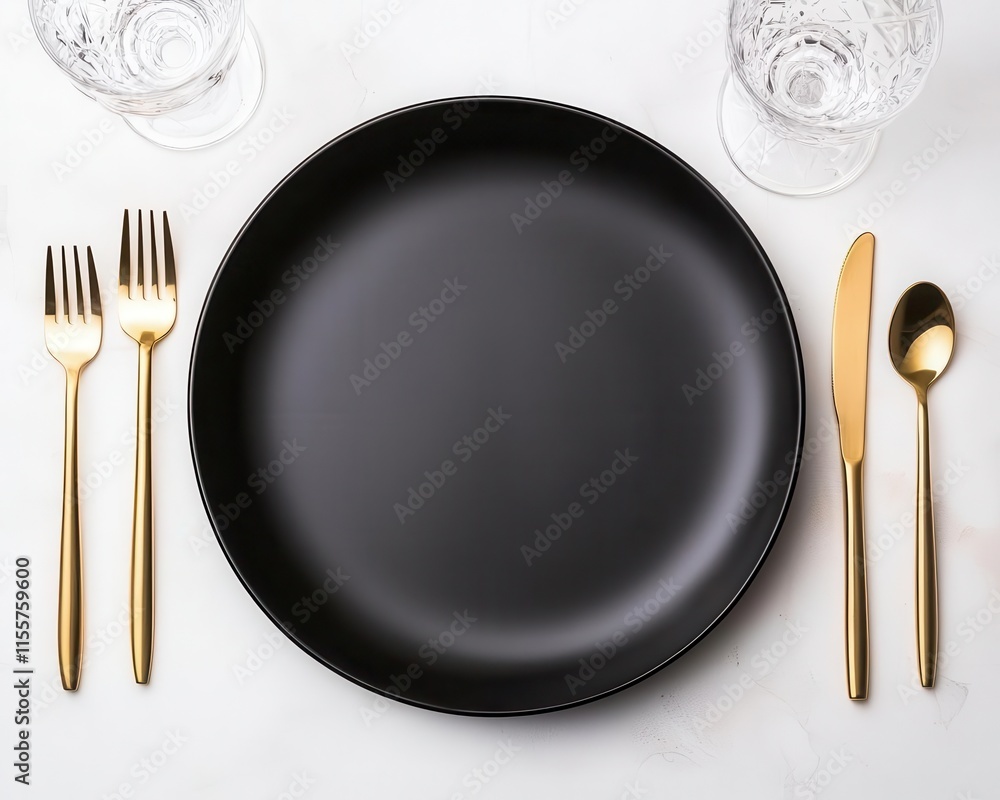 Matte plates set on a marble dining table with gold cutlery and crystal glasses, creating a sophisticated and modern dining experience Matte plates set on a marble dining table with gold cutlery and crystal glasses, creating a sophisticated and modern dining experience