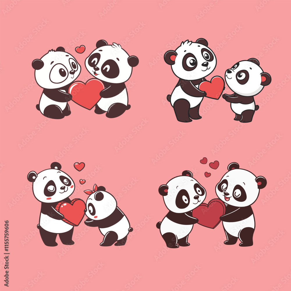 four pandas with hearts standing four pandas with hearts standing
