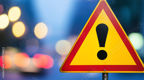 Yellow triangle traffic sign with black exclamation mark symbolizing police warning, clear and sharp with ample copy space for text or design.