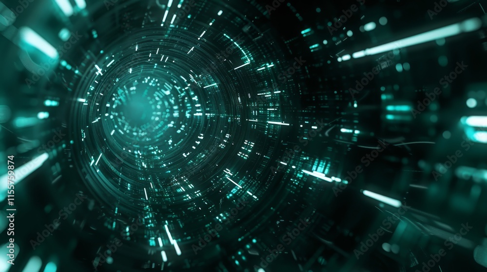 A green tunnel with a bright light at the end. The tunnel is filled with many small lights that are scattered throughout the tunnel A green tunnel with a bright light at the end. The tunnel is filled with many small lights that are scattered throughout the tunnel