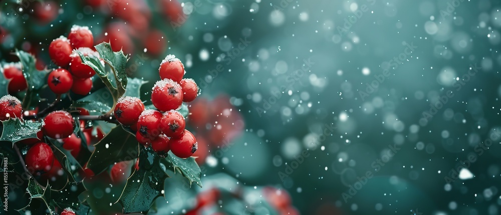 An up-close look of red winter berries sparkling in the snow against a green hazy background including a large writing area, Generative AI. An up-close look of red winter berries sparkling in the snow against a green hazy background including a large writing area, Generative AI.